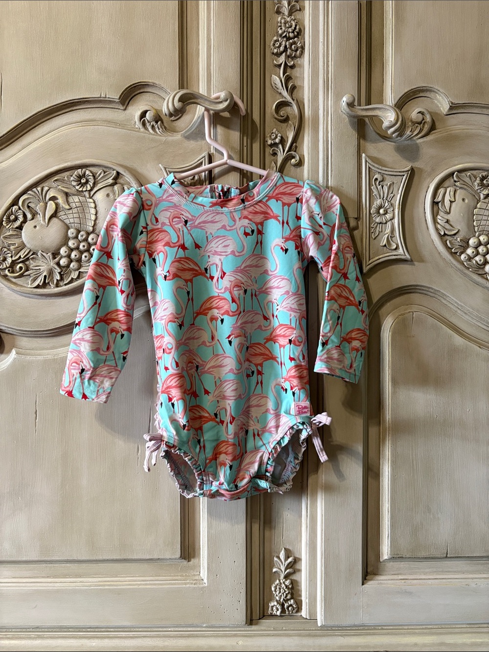 Ruffle Butts Pink Flamingo Print Rashguard - Aqua Base